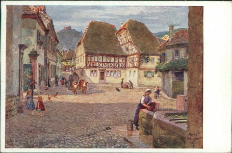 Alte Ansichtskarte Dorfplatz in Hambach, Pfälzer Heimatbilder, herausgegeben vom Pfälzerwald-Verein V.-A.