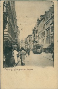 Alte Ansichtskarte Leipzig, Grimmaische Strasse mit Straßenbahn