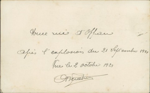 Adressseite der Ansichtskarte Ludwigshafen am Rhein-Oppau, Explosion Oppau 21.9.21, die zerstörte Austrasse