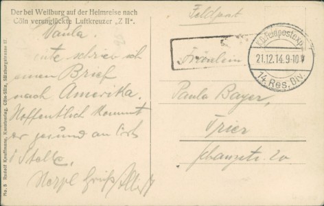 Adressseite der Ansichtskarte Weilburg, Der bei Weilburg auf der Heimreise nach Cöln verunglückte Luftkreuzer "Z II", Zeppelin