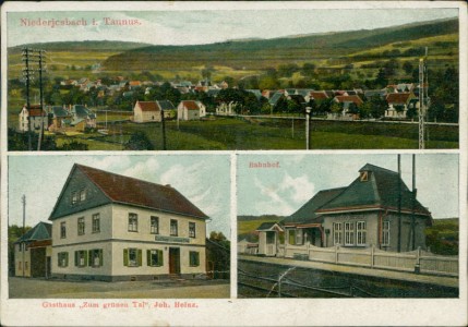 Alte Ansichtskarte Niederjosbach (Eppstein), Gesamtansicht, Gasthaus "Zum grünen Tal", Joh. Heinz, Bahnhof