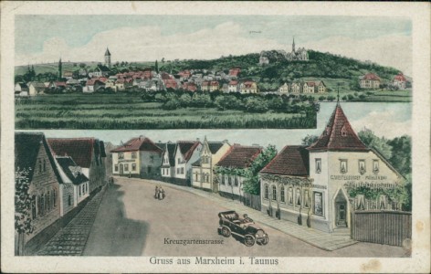 Alte Ansichtskarte Marxheim (Hofheim am Taunus), Gesamtansicht, Kreuzgartenstrasse mit Handlung von C. Westenberger