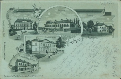 Alte Ansichtskarte Gruss aus Frohsdorf a./d. Aspangbahn, Schloss, Pensionat, Forsthaus, Herrschafts-Gasthaus, Weingrosshandlung Ph. Glasser