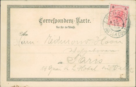 Adressseite der Ansichtskarte Gruss aus Aschach a. Donau, Villa Graf Zamoyski, Schloss Graf Harrach, Villa Smattosch, Kirchenplatz, Hauptplatz mit Kirche, Obere Donau-Strasse, Villa Duckes, Villa Leidinger