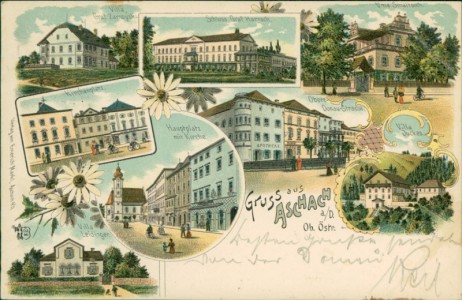 Alte Ansichtskarte Gruss aus Aschach a. Donau, Villa Graf Zamoyski, Schloss Graf Harrach, Villa Smattosch, Kirchenplatz, Hauptplatz mit Kirche, Obere Donau-Strasse, Villa Duckes, Villa Leidinger