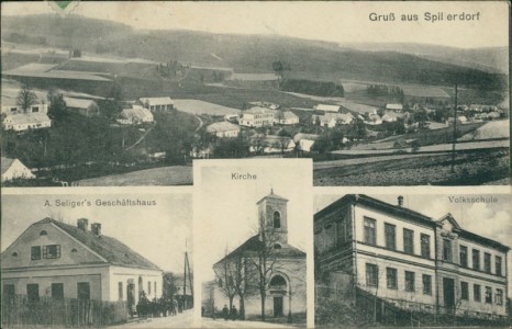 Alte Ansichtskarte Spillendorf / Oborná, Gesamtansicht, A. Seliger's Geschäftshaus, Kirche, Volksschule