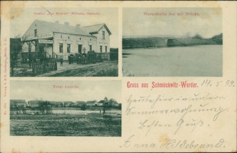 Alte Ansichtskarte Berlin-Schmöckwitzwerder, Gasthof "Zur Brücke" (Wilhelm Gärisch), Wernsdorfer See mit Brücke, Total-Ansicht