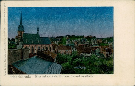 Alte Ansichtskarte Friedrichroda, Blick auf die kath. Kirche u. Alexandrinenstrasse, Lunakarte