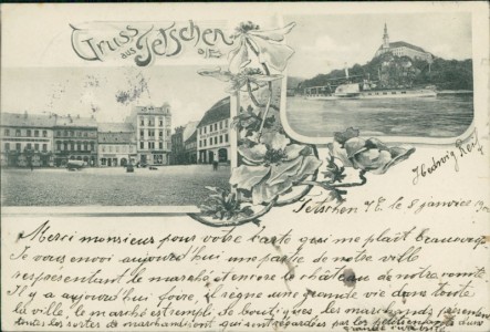 Alte Ansichtskarte Tetschen / Děčín, Platz, Teilansicht mit Elb-Dampfer