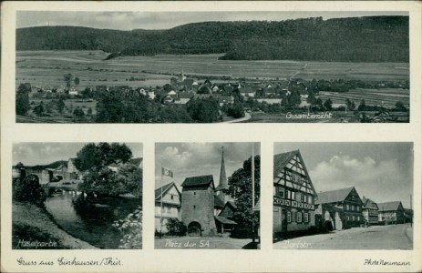 Alte Ansichtskarte Einhausen (Dolmar-Salzbrücke), Gesamtansicht, Haselpartie, Platz der SA, Dorfstr.