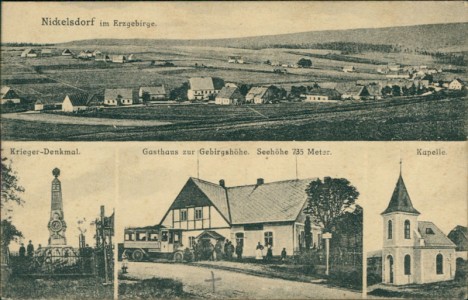 Alte Ansichtskarte Nickelsdorf / Mikulovice, Gesamtansicht, Krieger-Denkmal, Gasthaus zur Gebirgshöhe, Kapelle