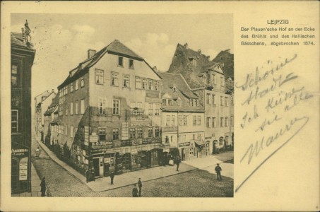Alte Ansichtskarte Leipzig, Der Plauen'sche Hof an der Ecke des Brühls und des Hallischen Gässchens