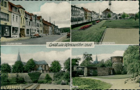 Alte Ansichtskarte Eschweiler-Weisweiler, Linden-Allee mit VW Bulli, Kinderspielplatz, Kirchpartie, Burg