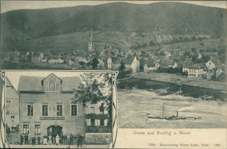 Alte Ansichtskarte Gruss aus Bruttig a. Mosel, Gesamtansicht, Weinwirtschaft