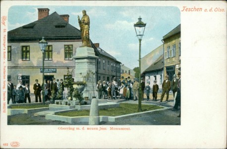 Alte Ansichtskarte Teschen / Cieszyn, Oberring m. d. neuen Jesu Monument