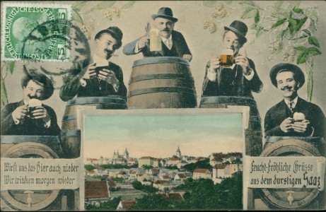 Alte Ansichtskarte Saaz / Žatec, Feucht-fröhliche Grüsse aus dem durstigen Saaz, Bier