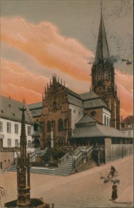 Alte Ansichtskarte Aschaffenburg, Stiftskirche und Pilgerbrunnen