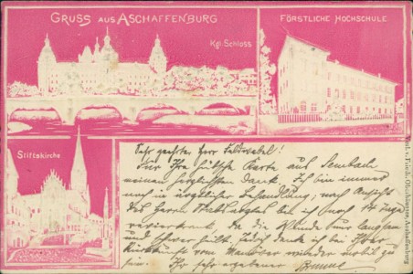 Alte Ansichtskarte Aschaffenburg, Kgl. Schloss, Fürstliche Hochschule, Stiftskirche