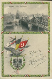 Alte Ansichtskarte Bremen, Gruss aus der Heimat, Neue Weserbrücke, Wappen mit türkischer Fahne