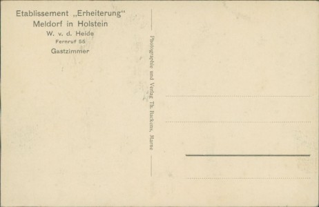 Adressseite der Ansichtskarte Meldorf in Holstein, Etablissement Erheiterung, W. v. d. Heide, Fernruf 55