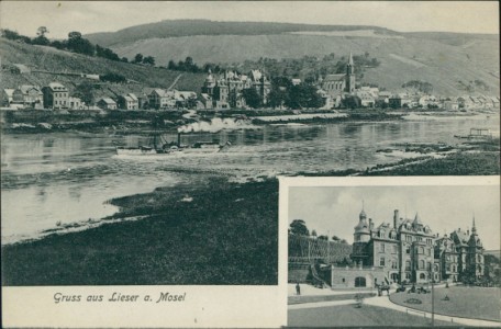 Alte Ansichtskarte Gruss aus Lieser a. Mosel, Gesamtansicht mit Moseldampfer, Schloss