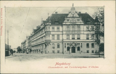 Alte Ansichtskarte Magdeburg, Olvenstedterstr. mit Versicherungshaus Wilhelms