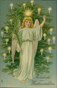 Alte Ansichtskarte Fröhliche Weihnachten, Engel vor Weihnachtsbaum