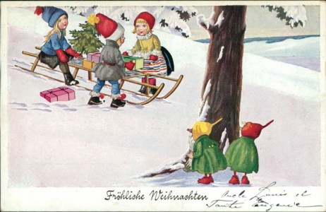 Alte Ansichtskarte Fröhliche Weihnachten, Wichtel beobachten Kinder, Schlitten