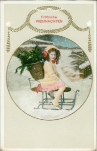 Alte Ansichtskarte Fröhliche Weihnachten, Mädchen auf Schlitten (leicht geprägt)