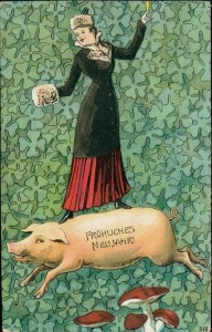 Alte Ansichtskarte Fröhliches Neujahr, Frau, Schwein, Pilze