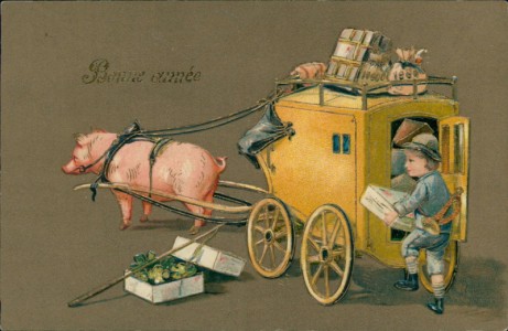 Alte Ansichtskarte Bonne année, Postkutsche von Schwein gezogen