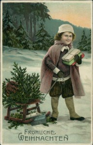 Alte Ansichtskarte Fröhliche Weihnachten, Knabe mit Schlitten und Tannenbaum
