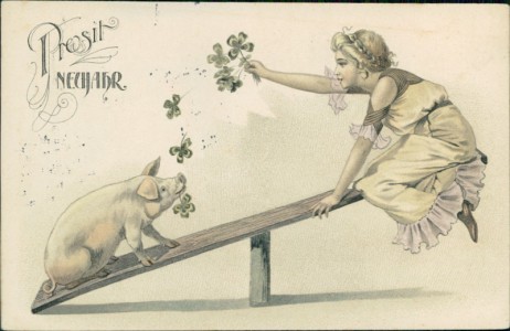 Alte Ansichtskarte Prosit Neujahr, Mädchen mit Schwein auf Wippe