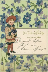 Alte Ansichtskarte Die besten Wünsche zum neuen Jahre, Kind mit Blumenstrauß, Veilchen-Dekor