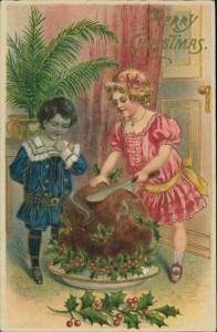 Alte Ansichtskarte Merry Christmas, Kinder mit Riesen-Bratapfel