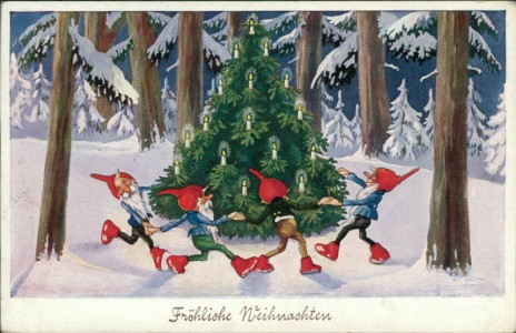 Alte Ansichtskarte Fröhliche Weihnachten, Zwerge tanzen um Weihnachtsbaum