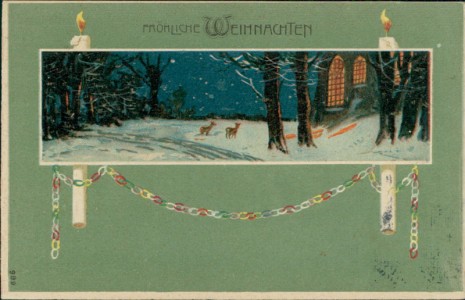 Alte Ansichtskarte Fröhliche Weihnachten, Winterlandschaft, Kirche, Kerzen