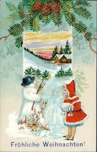 Alte Ansichtskarte Fröhliche Weihnachten, Mädchen mit Schneemann