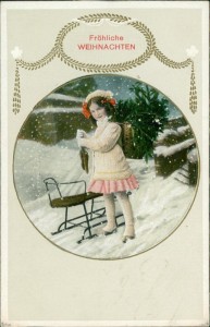 Alte Ansichtskarte Fröhliche Weihnachten, Mädchen mit Schlitten (leicht geprägt)