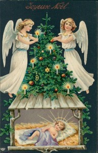Alte Ansichtskarte Joyeux Noël, Engel mit Weihnachtsbaum und Christkind