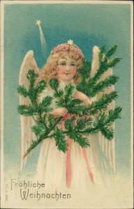 Alte Ansichtskarte Fröhliche Weihnachten, Engel mit Tannenzweig