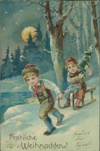 Alte Ansichtskarte Fröhliche Weihnachten, Knabe zieht Schlitten mit Mädchen drauf