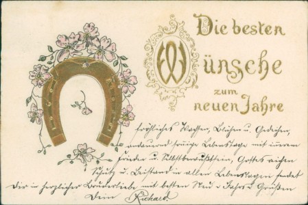 Alte Ansichtskarte Die besten Wünsche zum neuen Jahre, Hufeisen, Text in Golddruck