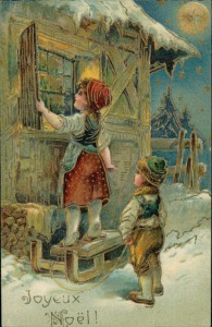 Alte Ansichtskarte Joyeux Noël, Kinder vor Hütte
