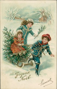Alte Ansichtskarte Joyeux Noël, Kinder mit Schlitten und Tannenbaum