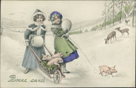 Alte Ansichtskarte Bonne année, Mädchen mit Schubkarren voller Schweine