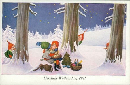 Alte Ansichtskarte Herzliche Weihnachtsgrüße, Zwerge beobachten Kinder