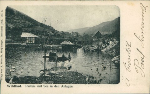 Alte Ansichtskarte Bad Wildbad, Partie mit See in den Anlagen (BESCHNITTEN)