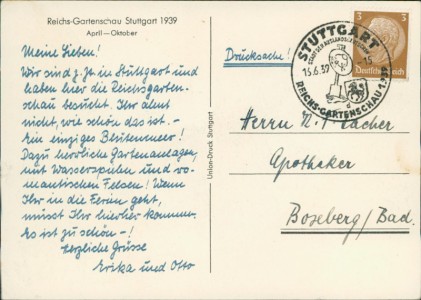 Adressseite der Ansichtskarte Stuttgart, Reichs-Gartenschau 1939