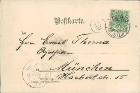 Adressseite der Ansichtskarte Gruss aus Colmar i/E., Gerbergasse, Aus der Langengasse, sign. C. Liebich